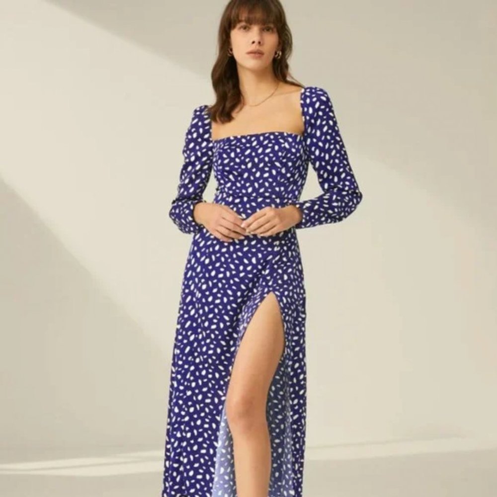 Square Neck Long Sleeve Patterned Slit Dress